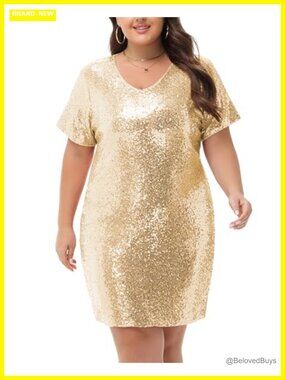 Plus Size Sequin Short Sleeve V Neck Shift Midi Dress Party Cocktail